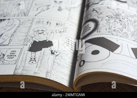August 31, 2023, Close-up of an open comic book with bokeh background. Wadaslintang, Wonosobo Stock Photo