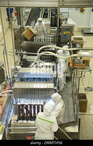 TAICANG, CHINA - FEBRUARY 27, 2024 - Workers work on the production line at the world's first ice cream 'Lighthouse Network' Unilever Wall's productio Stock Photo