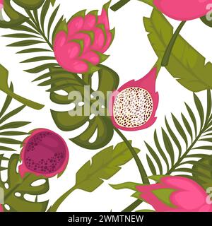 Exotic print with pitahaya and monstera leaves Stock Vector