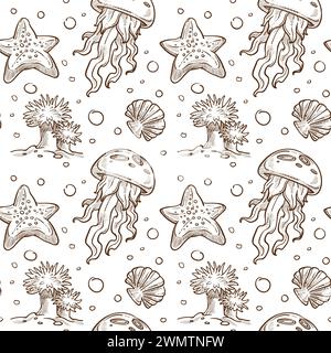 Marine sealife, conches and medusa pattern print Stock Vector