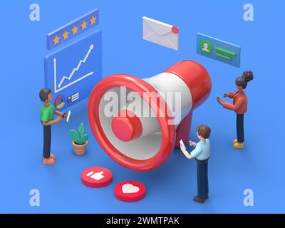 Social media marketing concept with characters. Can use for web banner, infographics, hero images. Flat isometric 3D illustration isolated on white ba Stock Photo