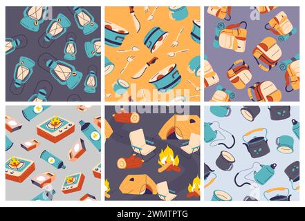 Decorative pattern set with hike equipment elements Stock Vector