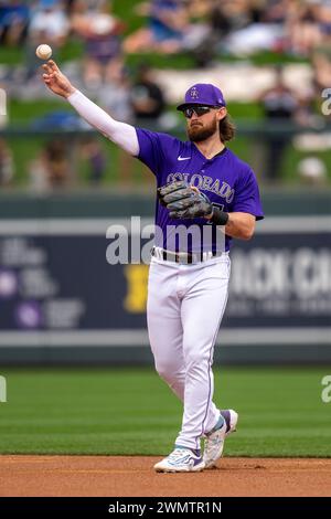 Colorado Rockies shortstop Ezequiel Tovar (14) warms up during the first inning of a MLB preseason game against the Los Angeles Dodgers Monday, Feb. 26, 2024, in Scottsdale, AZ. LA Dodgers defeated the Colorado Rockies 9-4 (Marcus Wilkins/Image of Sport) Stock Photo