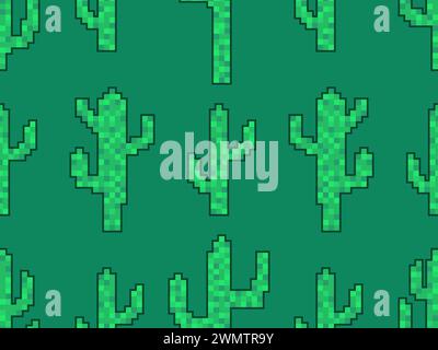 Seamless pattern with cacti in pixel art style. Green 8-bit cacti in the style of classic 80s video games. Retro design for print, wrapping paper and Stock Vector