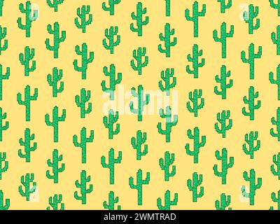 Pixel cactus seamless pattern. Cacti in pixel art style, 8-bit graphics in the style of the 90s. Retro design for printing, wrapping paper and adverti Stock Vector