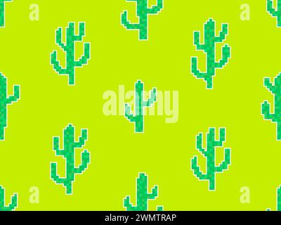Seamless pattern with cacti in pixel art style. 8-bit cacti with white outline in the style of classic 80s video games. Retro design for print, wrappi Stock Vector