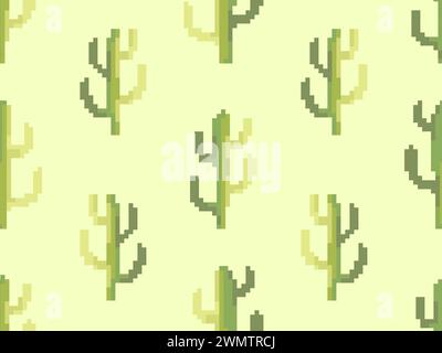 Seamless pattern with cacti in pixel art style. Green 8-bit cacti in the style of classic 80s video games. Retro design for print, wrapping paper and Stock Vector