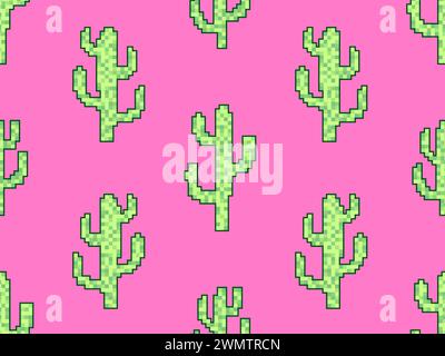 Seamless pattern with cacti in pixel art style. 8-bit green cacti on a pink background in the style of classic 80s video games. Retro design for print Stock Vector