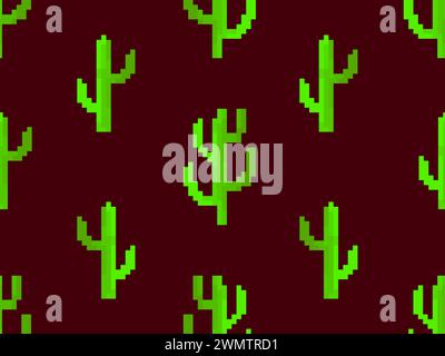 Seamless pattern with cacti in pixel art style. Green 8-bit cacti in the style of classic 80s video games. Retro design for print, wrapping paper and Stock Vector