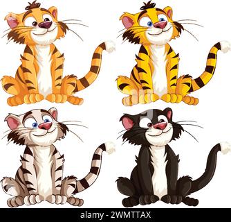 Four playful animated cats with different patterns Stock Vector