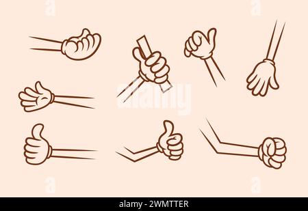 The set includes eight different poses of cartoon hands. The hands are drawn in an outline style and are illustrated with a single color and come with Stock Vector