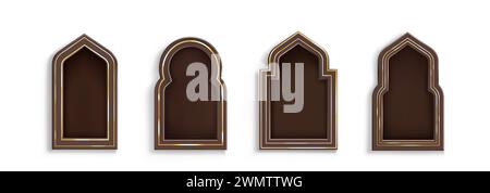 Arab frame in form of traditional shape window for header and text congratulation. Realistic vector illustration set of brown arch border with golden decoration. Simple text box and banner template. Stock Vector