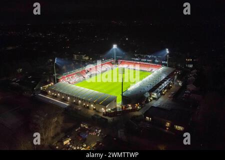 Bournemouth, Dorset, UK.  27th February 2024.  Aerial view of the floodlit Vitality Stadium after the FA Cup match between AFC Bournemouth and Leicester City.  Picture Credit: Graham Hunt/Alamy Live News Stock Photo