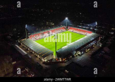 Bournemouth, Dorset, UK.  27th February 2024.  Aerial view of the floodlit Vitality Stadium after the FA Cup match between AFC Bournemouth and Leicester City.  Picture Credit: Graham Hunt/Alamy Live News Stock Photo