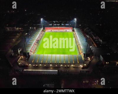 Bournemouth, Dorset, UK.  27th February 2024.  Aerial view of the floodlit Vitality Stadium after the FA Cup match between AFC Bournemouth and Leicester City.  Picture Credit: Graham Hunt/Alamy Live News Stock Photo