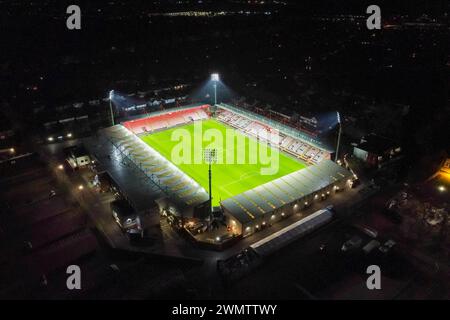 Bournemouth, Dorset, UK.  27th February 2024.  Aerial view of the floodlit Vitality Stadium after the FA Cup match between AFC Bournemouth and Leicester City.  Picture Credit: Graham Hunt/Alamy Live News Stock Photo