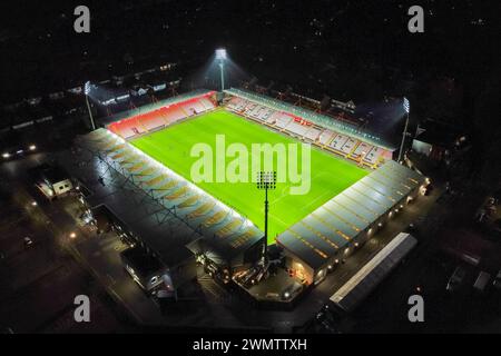 Bournemouth, Dorset, UK.  27th February 2024.  Aerial view of the floodlit Vitality Stadium after the FA Cup match between AFC Bournemouth and Leicester City.  Picture Credit: Graham Hunt/Alamy Live News Stock Photo