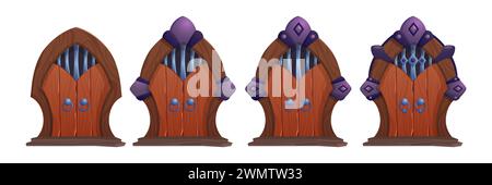 Medieval castle or dungeon double wooden door in form of arch with different stages of decoration, iron handle and grating for game ui level rank concept. Cartoon vector set of wood ancient gate. Stock Vector