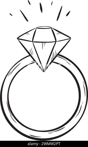 a black and white drawing of a ring with a diamond in it Stock Vector
