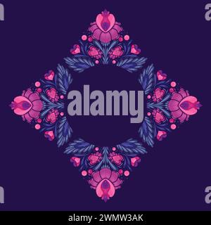 Vector tracery floral frame with place for text on violet background. Ornate decorative card with flowers, hearts leaves and copy space for invitation Stock Vector