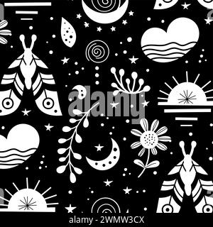 Seamless neo folk art vector pattern with butterfly, moth and flowers, black and white floral design. Neo folk style endless background perfect for Stock Vector