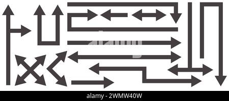 Straight long arrows. Horizontal black bold lines. Transport pointing element. Rectangular basic pin. Vector set Stock Vector