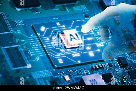 Artificial intelligence AI and machine learning concept. A futuristic hand touching computer processor chip with microchip layer and electronic circui Stock Photo