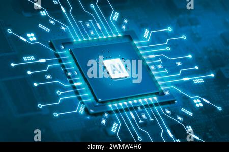 Artificial intelligence AI and machine learning concept. Computer processor chip with microchip on electronic circuit board on blue background. Stock Photo
