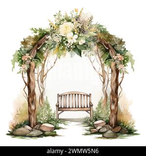 Watercolor wedding arch scene. Hand drawn isolated wood archway with flowers and bouquets on stumps. Wedding ceremony design sketch, rustic decor for Stock Photo