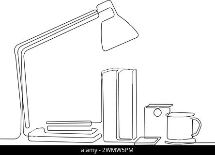 Continuous line drawing of awork space comfortable modern. One continuous line is the concept of a workplace lamp folders books cup white hot drink. C Stock Vector