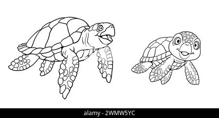 Two funny sea turtles to color in. Template for a coloring book with funny animals. Coloring template for kids. Stock Photo