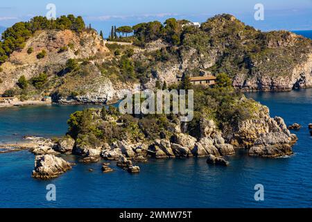 Italy, Sicily, Taormina, view of Capo Taormina and Ionian sea Stock ...