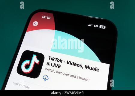 Nanning, China - Feb 26, 2024. TikTok app on a smartphone. TikTok is a short-form video hosting service owned by ByteDance Stock Photo