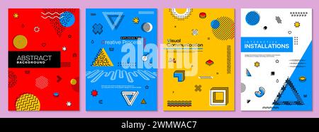 Modern Memphis posters, feature vibrant colors, geometric shapes, and bold patterns, drawing inspiration from the 1980s design movement. Vector card templates, exude a playful and eclectic aesthetic Stock Vector