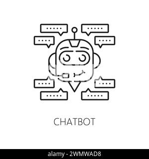 Chatbot outline icon features speech bubbles around of robot head, symbolizing automated communication, machine learning, ai artificial intelligence algorithm. Vector linear smart bot service symbol Stock Vector
