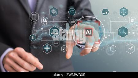 Man using tools AI. technology smart robot science and artificial intelligence technology, and innovation futuristic and global connection for Stock Photo