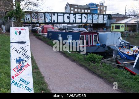 London, UK. 26th February, 2024. Pro-Palestinian street art is pictured alongside the Lee Navigation at Hackney Wick. Credit: Mark Kerrison/Alamy Live News Stock Photo