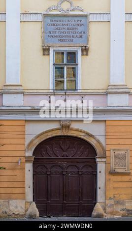 CLUJ-NAPOCA, ROMANIA - SEPTEMBER 20, 2020: Facade and entrance of the Faculty of History and Philosophy of Babes Bolyai University. The building was t Stock Photo