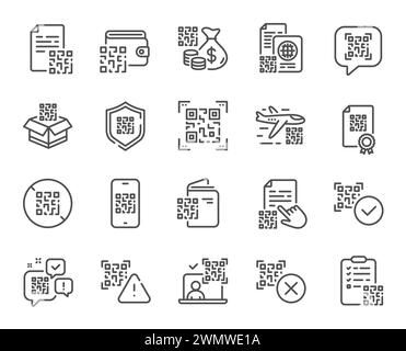 Qr code line icons. Vaccination certificate, phone qr scan and qrcode document set. Vector Stock Vector