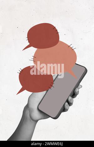 Vertical creative magazine collage of hand hold iphone discussion correspondence chat distance text box internet online gadget isolated on white Stock Photo