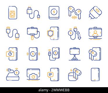 Mobile accessories line icons. Sim card, selfie stick and wireless charger set. Vector Stock Vector