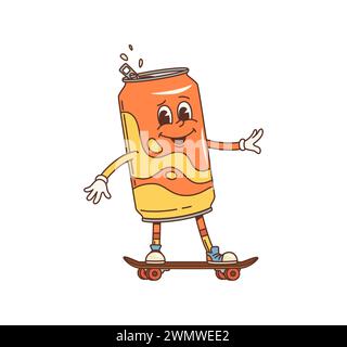 Cartoon juice drink can groovy character. Isolated vector vibrant, animated retro aluminum bottle personage with splash and a tie-dye pattern, rides a skateboard with funky flair and a cheerful smile Stock Vector