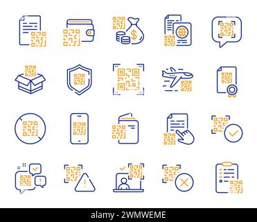 Qr code line icons. Vaccination certificate, phone qr scan and qrcode document set. Vector Stock Vector