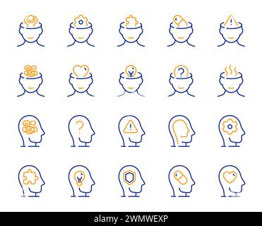 Mental health line icons. Stress anxiety, headache pill and person therapy set. Vector Stock Vector