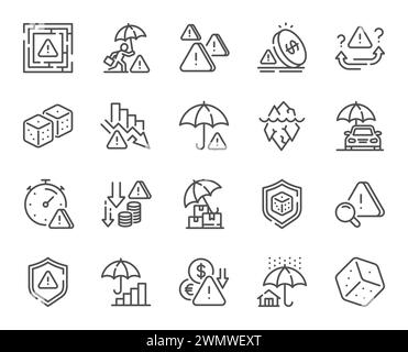 Risk management line icons. Safety umbrella, Iceberg threat and dice gambling set. Vector Stock Vector