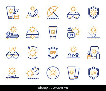 Sun protection line icons. Sunscreen, beach lounger and umbrella set. Vector Stock Vector