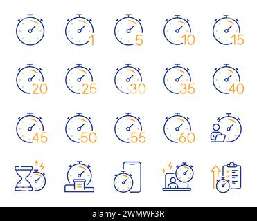 Timer line icons. Hourglass, clock time and stopwatch. Vector Stock Vector