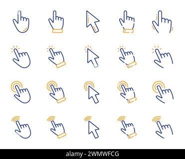 Click pointer line icons. Mouse cursor, hand finger and press here. Vector Stock Vector