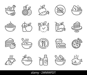 Meal line icons. Vegatable dish, poke bowl food and healthy salad set. Vector Stock Vector