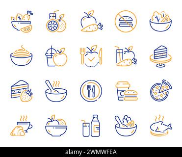 Meal line icons. Vegatable dish, poke bowl food and healthy salad set. Vector Stock Vector